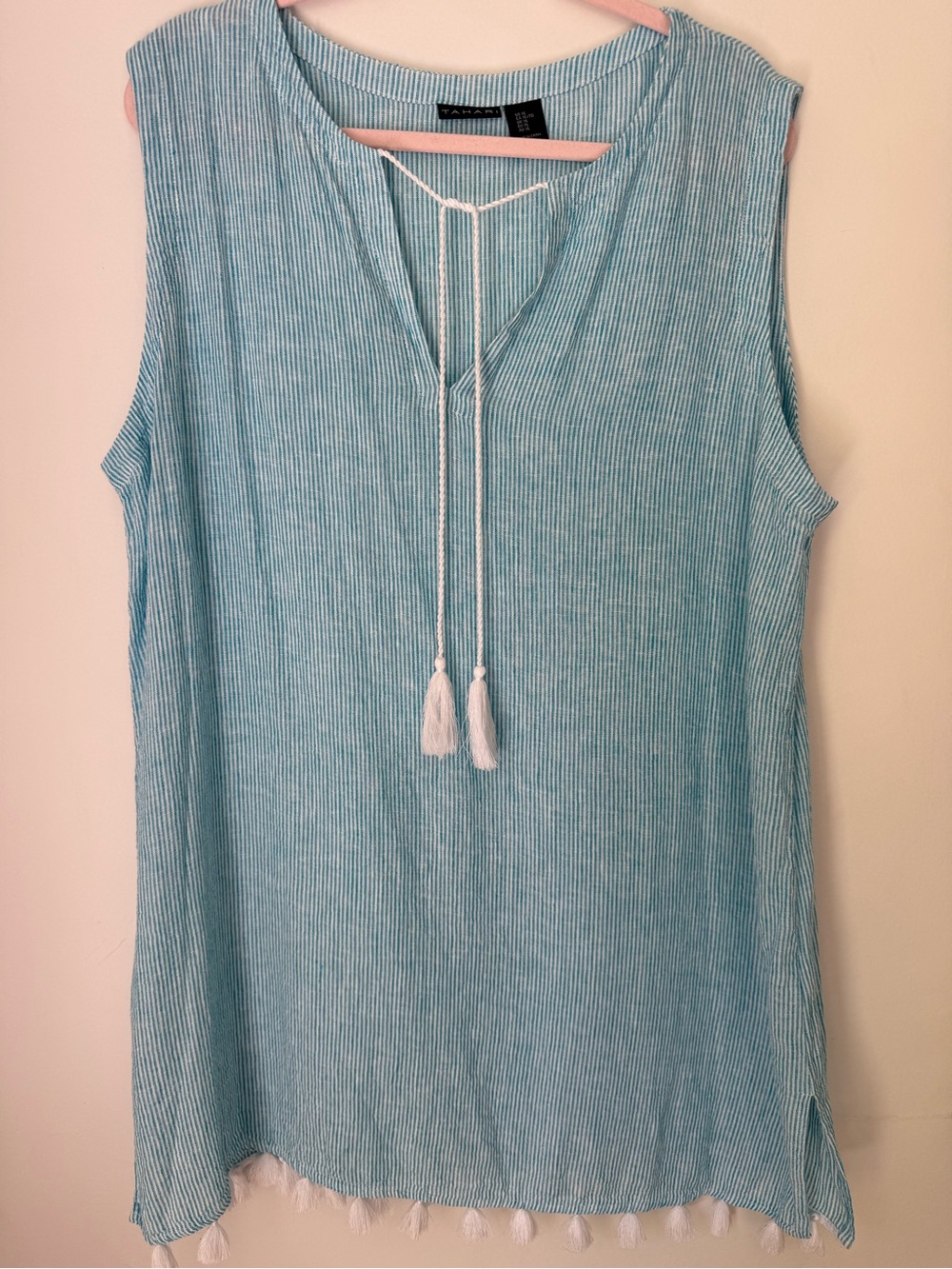 Tahari Linen Blend Tassel Cover Up Dress XL Blue White Striped Beach Resort